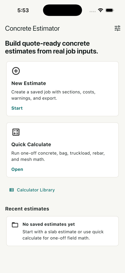 Concrete Estimator workspace with New Estimate and Quick Calculate options